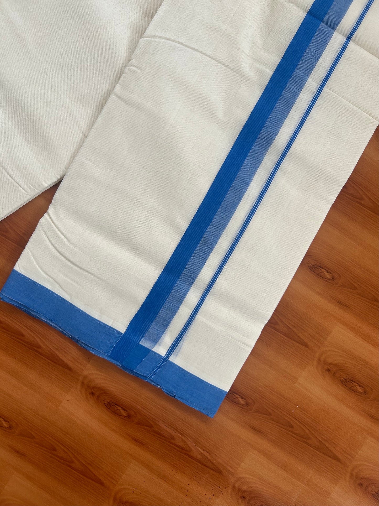 25% Discount ! KaithariKada Handloom Unakkupaav - Kerala Handloom - 100% Pure Cotton Off White (Unbleached) Double Mundu/Dhoti - 100X80 - 1.25 inch Blue Kara 3.80 Mtr (8 Muzham) - 31 KK5380 SOM