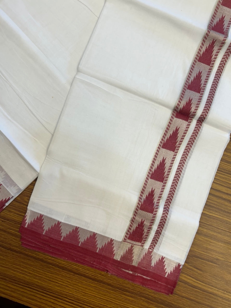 24% Discount ! KaithariKada Balaramapuram 100% Cotton Double Pure White Mundu/Dhoti - 100X80 - 1.25 inch Silver Kasav & Reddish Maroon Jacquard Design kara 3.90 mtr (8 Muzham) - 3 KK5305 PMC