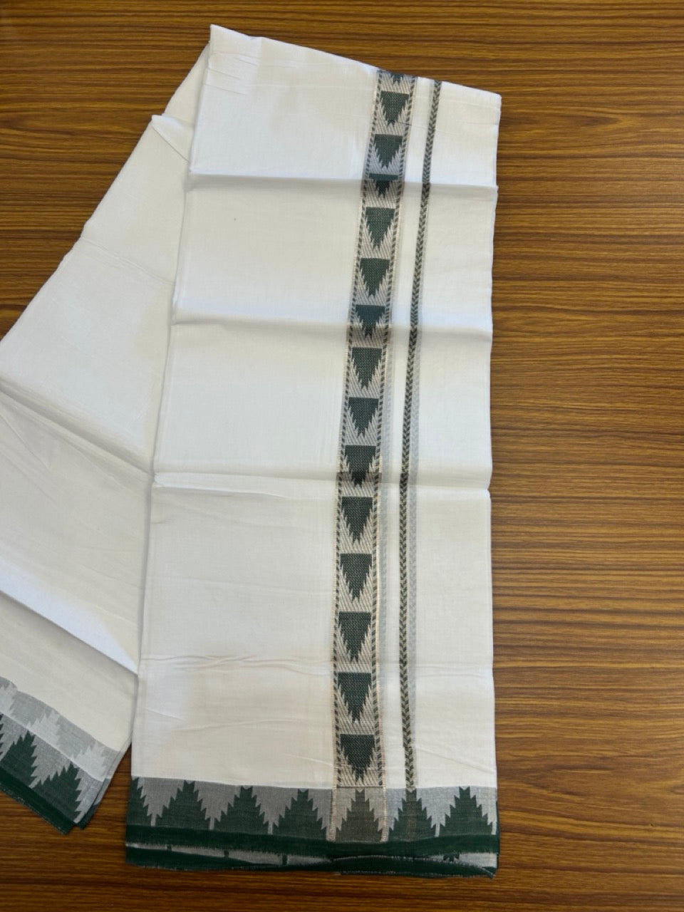 24% Discount ! KaithariKada Balaramapuram 100% Cotton Double Pure White Mundu/Dhoti - 100X80 - 1.25 inch Silver Kasav & Green Jacquard Design kara 3.90 mtr (8 Muzham) - 7 KK5305 PMC