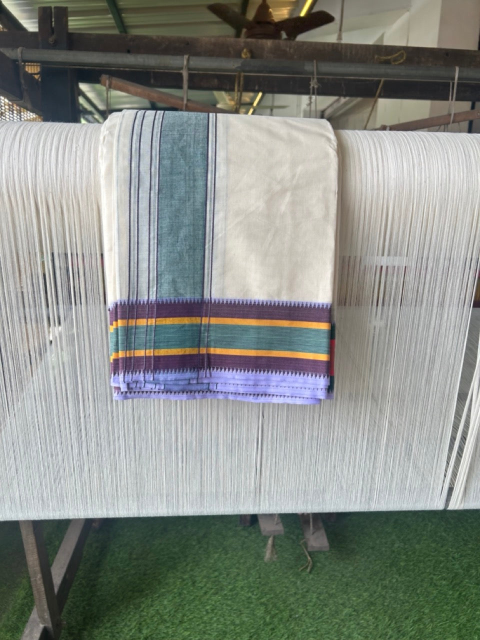 20% DISCOUNT! KaithariKada 100% Cotton Off White - (Unbleached) - Pure Cotton -100x100 thread - NORTH INDIAN - ATTACHED GAMCHA 9X5 Dhoti Green kara with Yellow Green & Brown Red Striped border - 5KK5196PMC