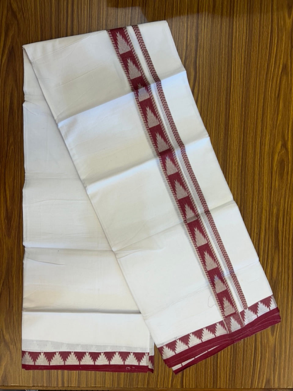 24% Discount ! KaithariKada Balaramapuram 100% Cotton Double Pure White Mundu/Dhoti - 100X80 - 1.25 inch Silver Kasav & Reddish Maroon Jacquard Design kara 3.90 mtr (8 Muzham) - 4 KK5305 PMC