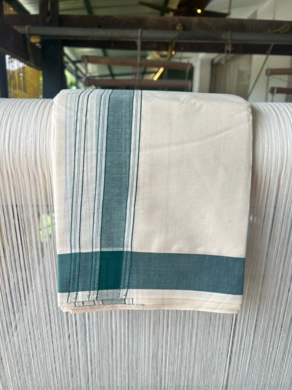 20% Discount KaithariKada 100% Cotton Off White - (Unbleached)- Pure Cotton - 100x100 thread - NORTH INDIAN ATTACHED GAMCHA 9X5 Dhoti Dark Green STRIPED 1.75 inch kara - 1KK5196PMC