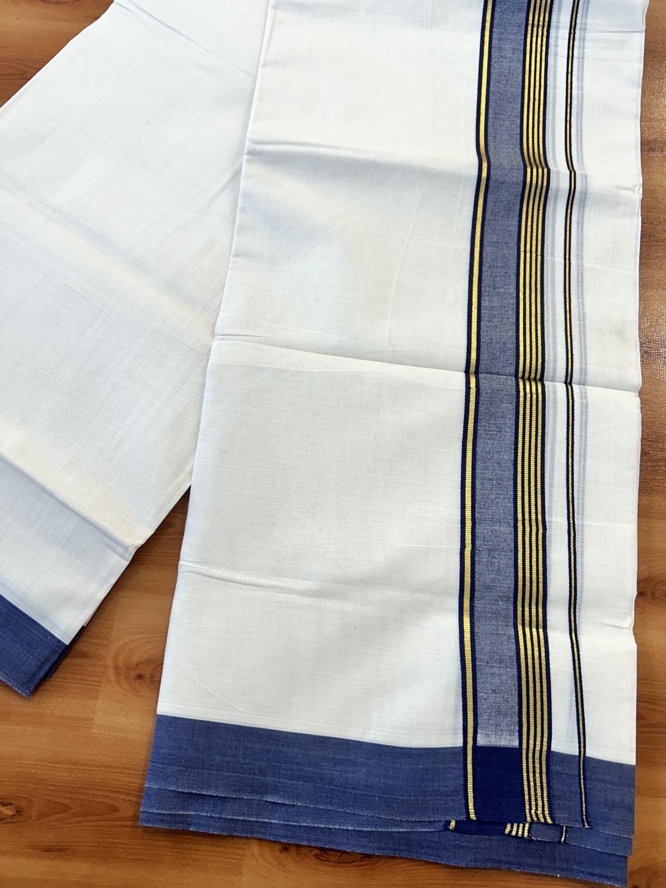 Double Off White (Unbleached) Mundu/Dothi- 20% Discount! Kaitharikada 100% Pure Cotton - 100x80 - 1.5 inch Gold Kasav Stripes & Navy Blue Shaded Kara 4 mtr (8.5 muzham) - 59 KK5452 THI