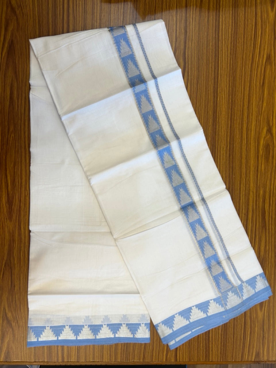 24% Discount ! KaithariKada Balaramapuram 100% Cotton Double Pure White Mundu/Dhoti - 100X80 - 1.25 inch Silver Kasav & Sky Blue Jacquard Design kara 3.90 mtr (8 Muzham) - 5 KK5305 PMC