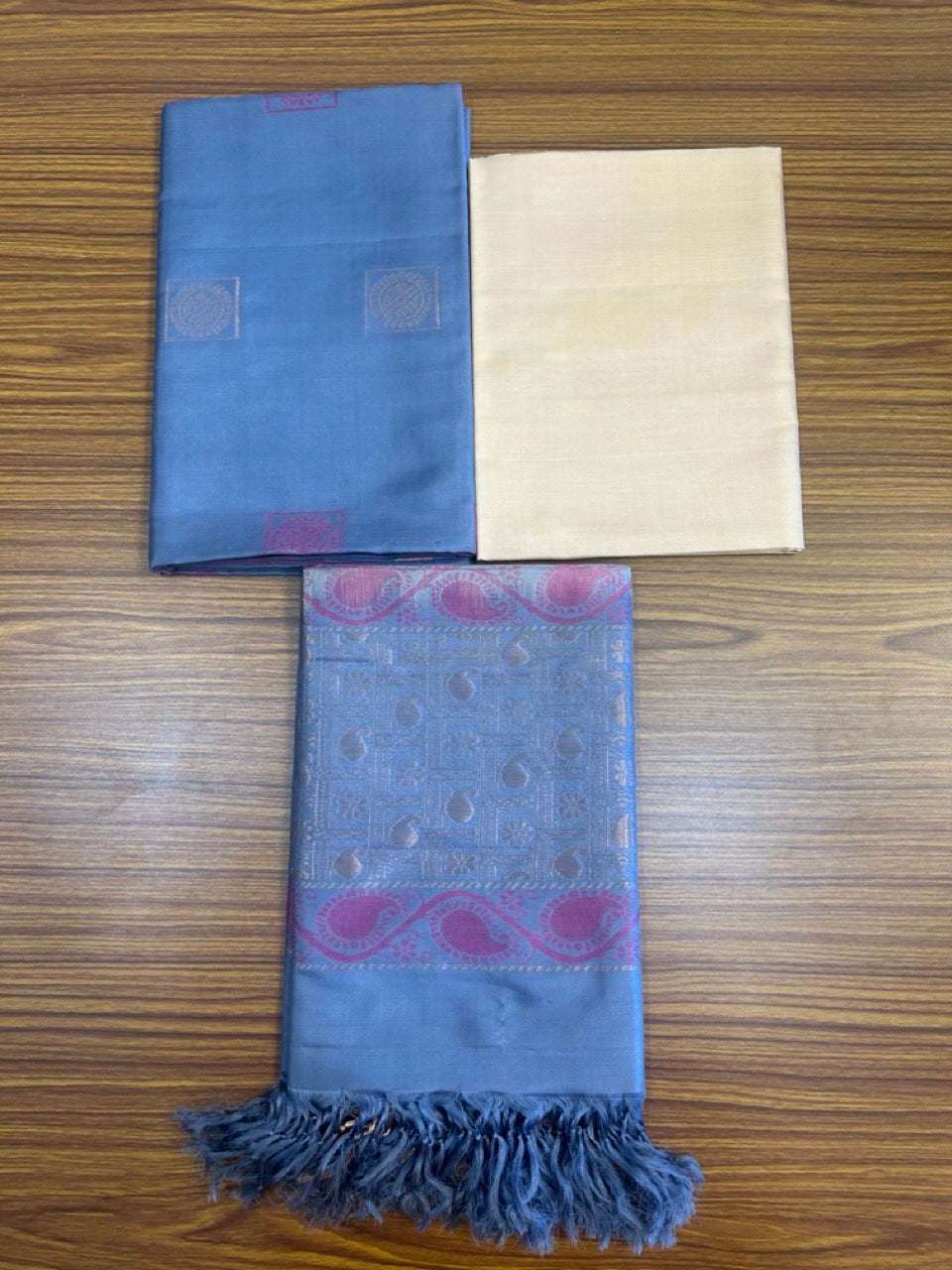 10% Discount!!! Kaitharikada Traditional Kerala Style - PURE SILK Churidar Suit Material - Ash Blue ,Sand Brown & Pink kasav Design - 13KK4003KHA
