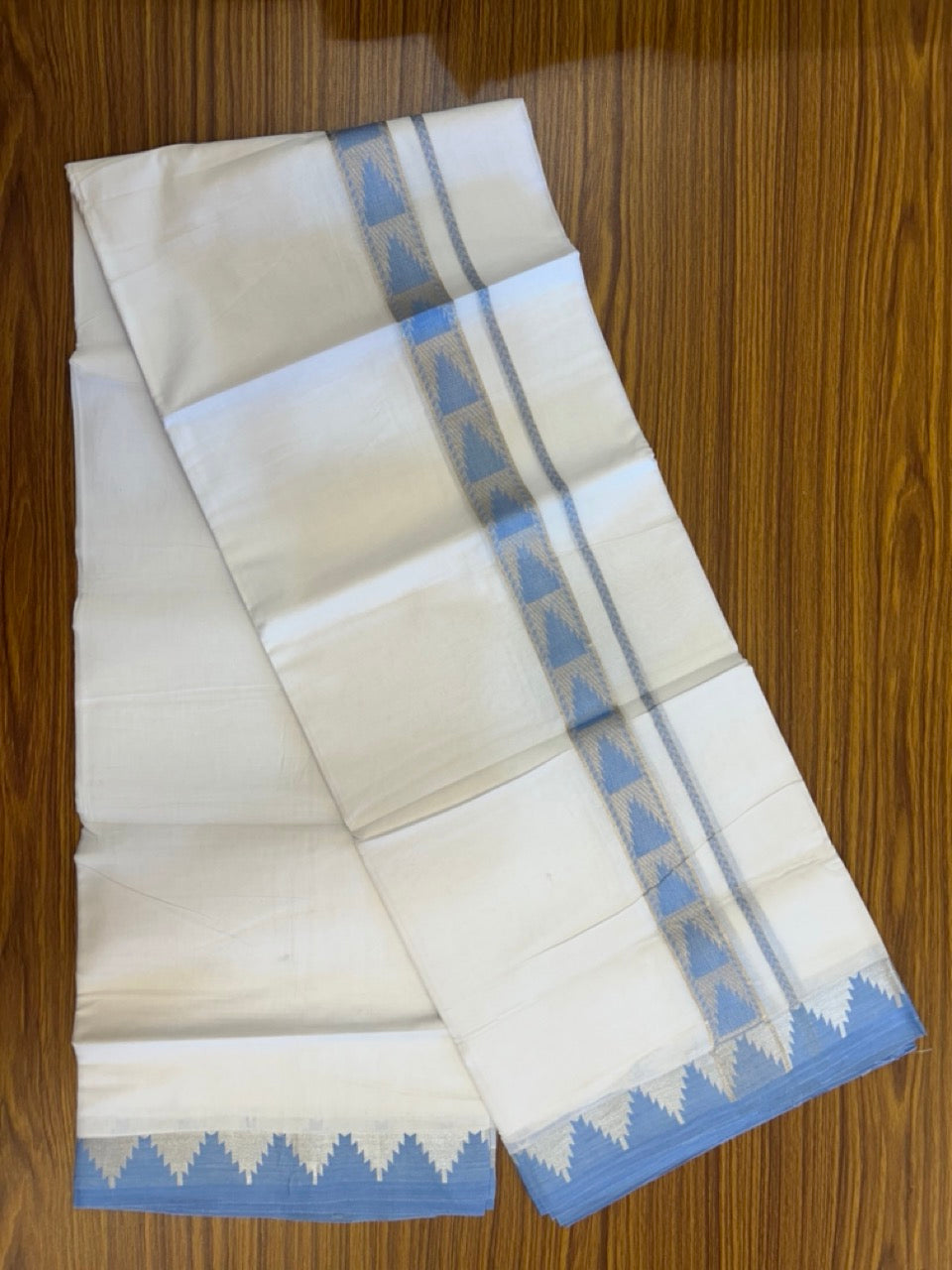 24% Discount ! KaithariKada Balaramapuram 100% Cotton Double Pure White Mundu/Dhoti - 100X80 - 1.25 inch Silver Kasav & Sky Blue Jacquard Design kara 3.90 mtr (8 Muzham) - 2 KK5305 PMC