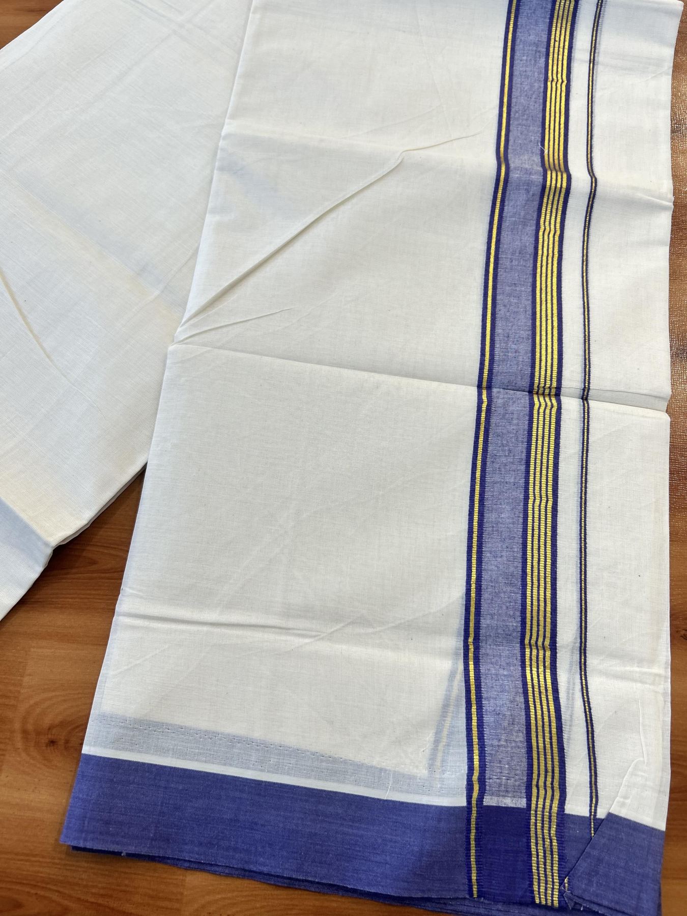 Double Off White (Unbleached) Mundu/Dothi- 20% Discount! Kaitharikada 100% Pure Cotton - 100x80 - 1.5 inch Gold Kasav Stripes & Violet Shaded Kara 4 mtr (8.5 muzham) - 57 KK5452 THI