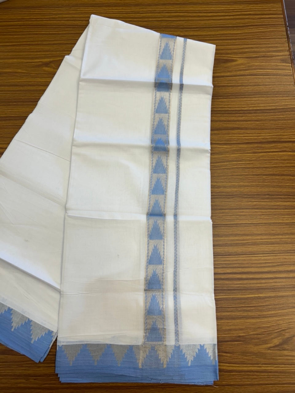24% Discount ! KaithariKada Balaramapuram 100% Cotton Double Pure White Mundu/Dhoti - 100X80 - 1.25 inch Silver Kasav & Sky Blue Jacquard Design kara 3.90 mtr (8 Muzham) - 2 KK5305 PMC