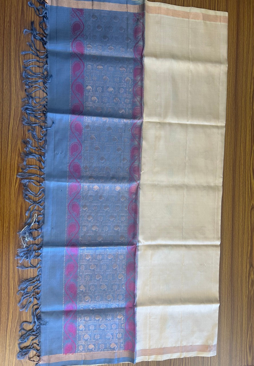 10% Discount!!! Kaitharikada Traditional Kerala Style - PURE SILK Churidar Suit Material - Ash Blue ,Sand Brown & Pink kasav Design - 13KK4003KHA