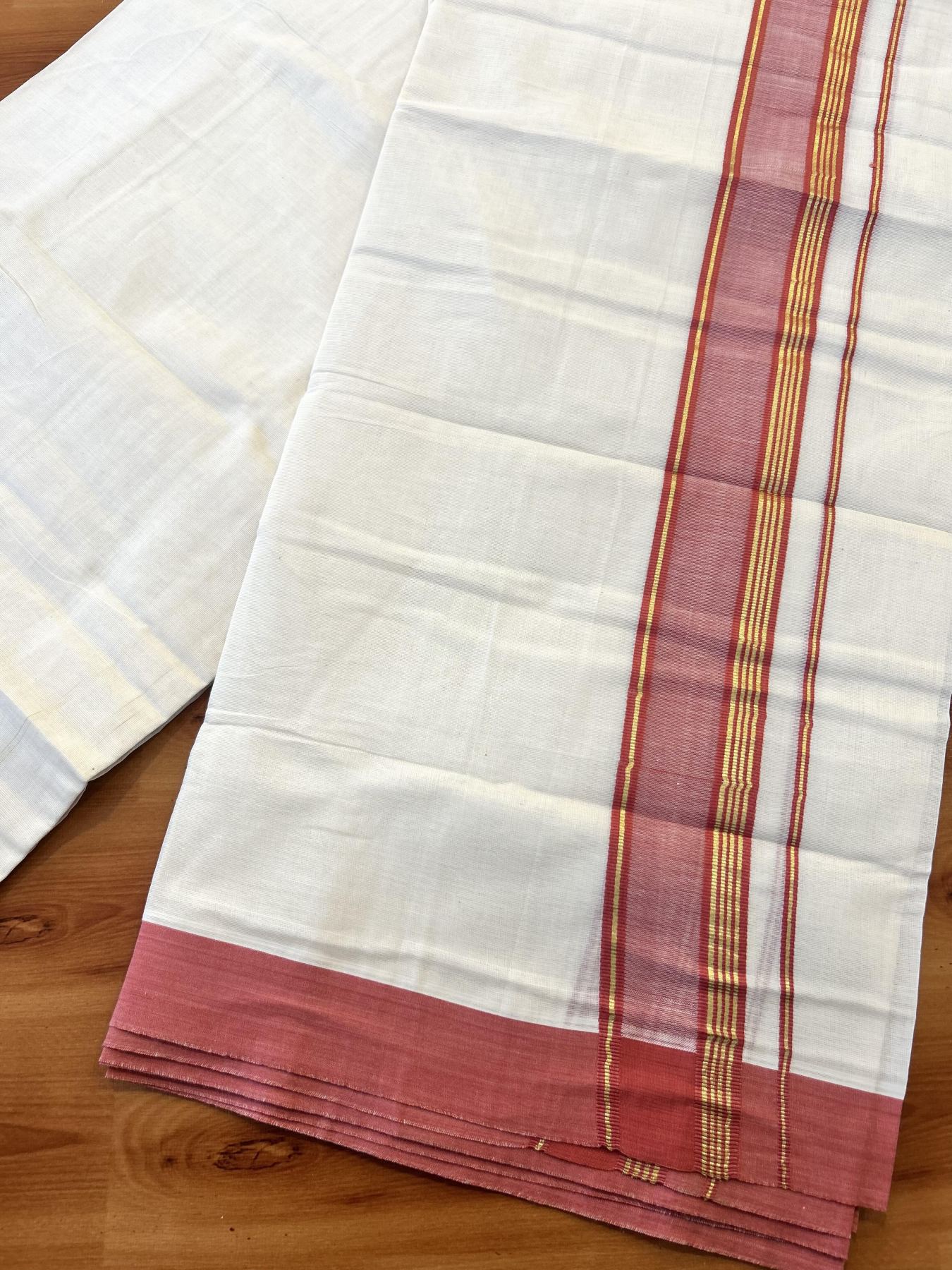 Double Off White (Unbleached) Mundu/Dothi- 20% Discount! Kaitharikada 100% Pure Cotton - 100x80 - 1.5 inch Gold Kasav Stripes & Reddish Pink Shaded Kara 4 mtr (8.5 muzham) - 55 KK5452 THI