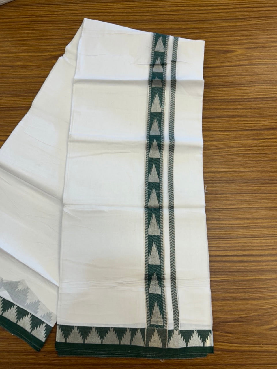 24% Discount ! KaithariKada Balaramapuram 100% Cotton Double Pure White Mundu/Dhoti - 100X80 - 1.25 inch Silver Kasav & Green Jacquard Design kara 3.90 mtr (8 Muzham) - 9 KK5305 PMC