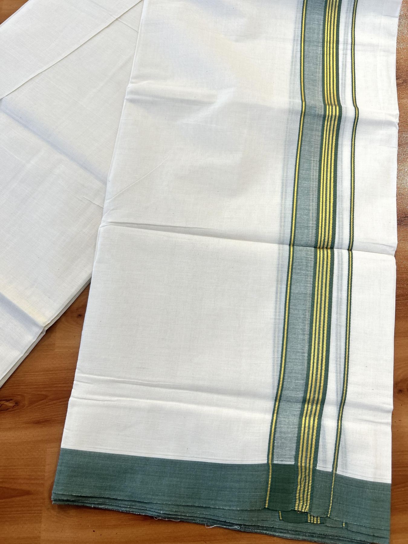 Double Off White (Unbleached) Mundu/Dothi- 20% Discount! Kaitharikada 100% Pure Cotton - 100x80 - 1.5 inch Gold Kasav Stripes & Green Shaded Kara 4 mtr (8.5 muzham) - 56 KK5452 THI