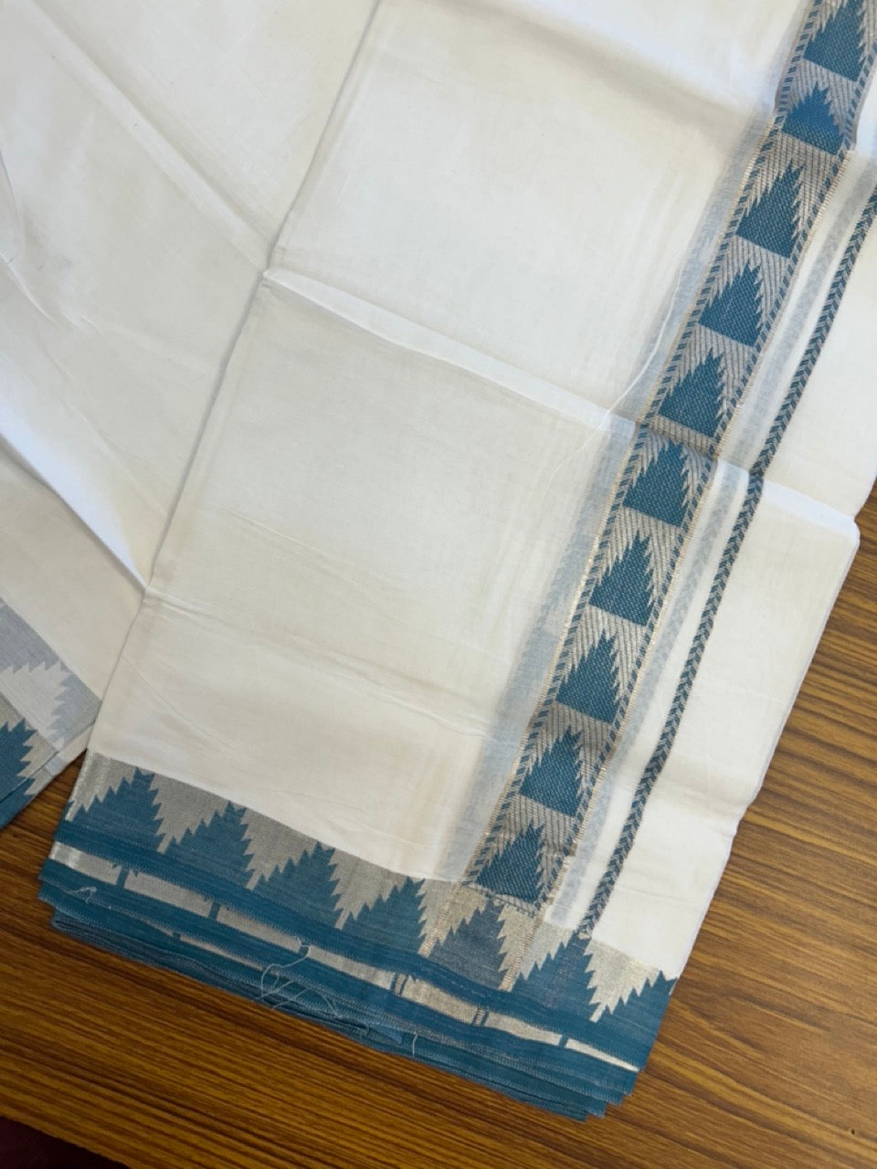24% Discount ! KaithariKada Balaramapuram 100% Cotton Double Pure White Mundu/Dhoti - 100X80 - 1.25 inch Silver Kasav & Peacock Blue Jacquard Design kara 3.90 mtr (8 Muzham) - 6 KK5305 PMC