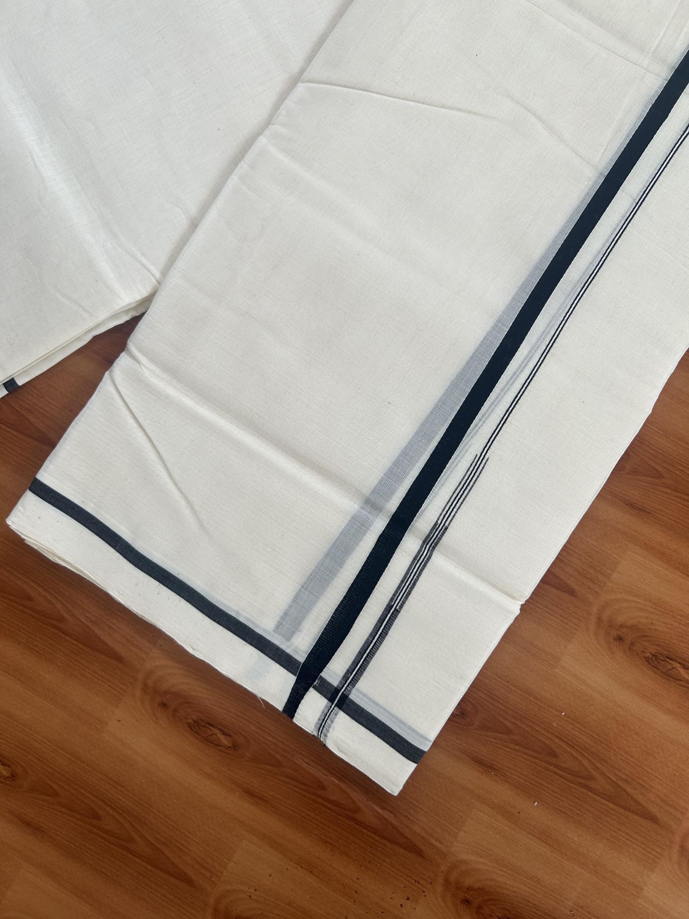 25% Discount!! KaithariKada Handloom Milpaav - Kerala Handloom- 100% Pure Cotton Off White Double - (Unbleached) Mundu/Dothi - 80x90 - 0.5 Inch Black Puliyilakkara chutty Kara 3.60 meter (8 muzham)- 14 KK5383 RAM