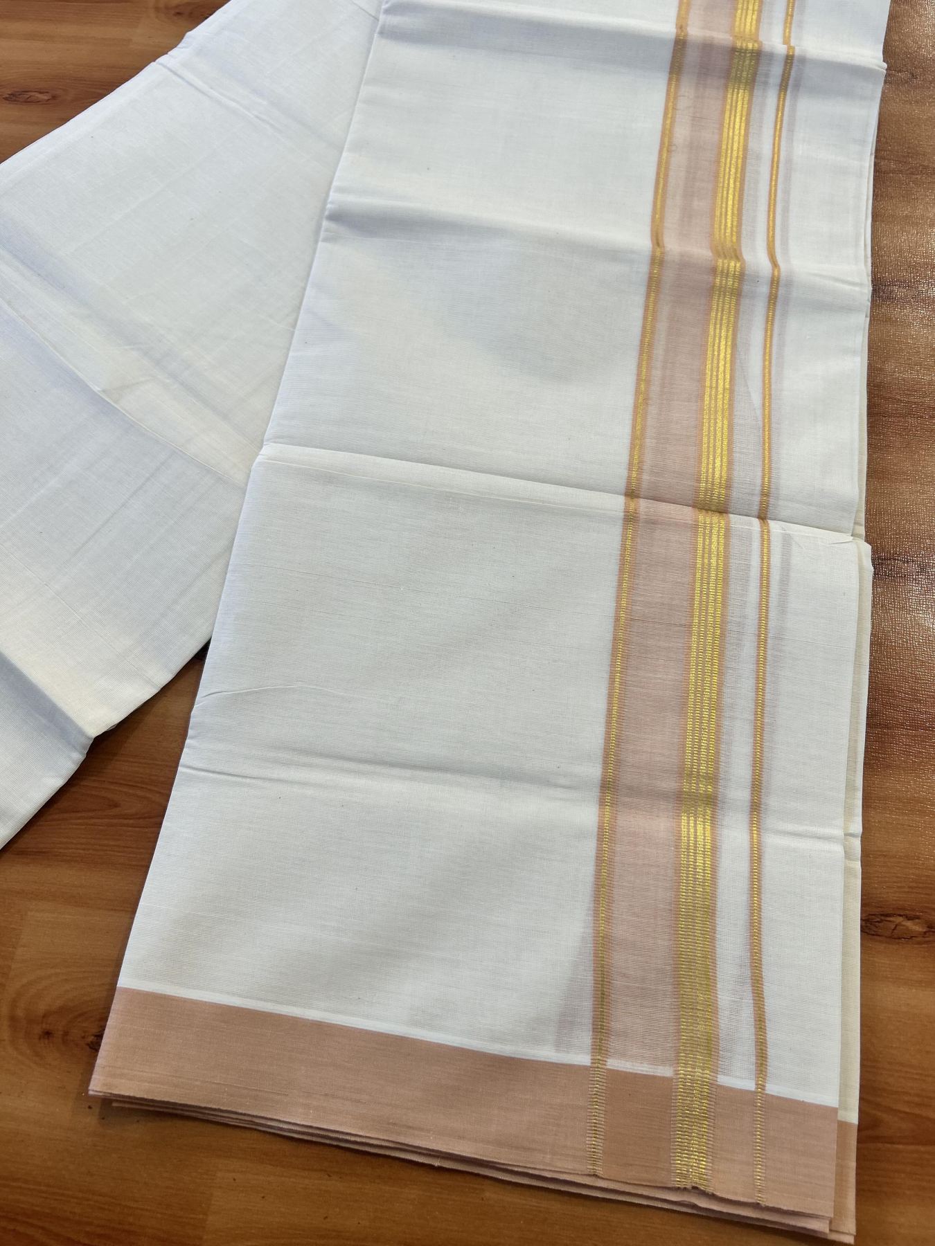 Double Off White (Unbleached) Mundu/Dothi- 20% Discount! Kaitharikada 100% Pure Cotton - 100x80 - 1.5 inch Gold Kasav Stripes & Peach Shaded Kara 4 mtr (8.5 muzham) - 52 KK5452 THI