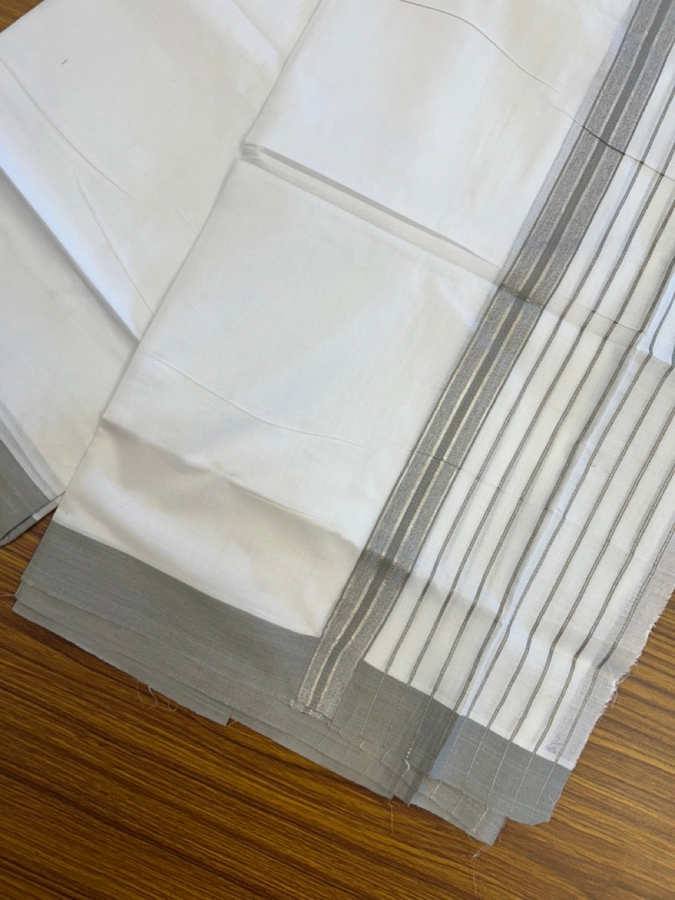 20% Discount ! KaithariKada Balaramapuram 100% Cotton Double Pure White Mundu/Dhoti - 100X80 - 6.5 inch Silver Kasav & Grey Stripes kara 3.90 mtr (8 muzham) - 11 KK5305 PMC