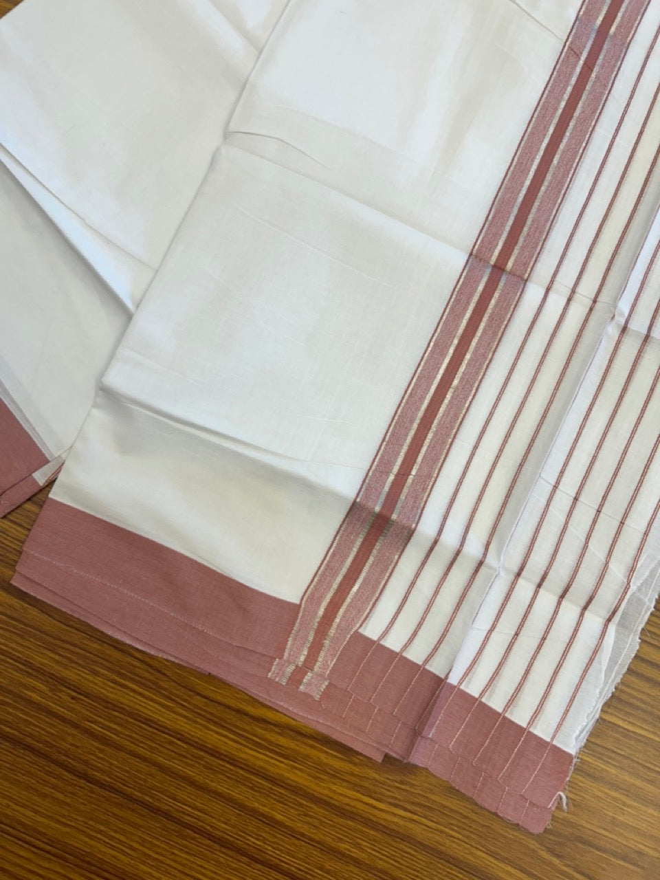 20% Discount ! KaithariKada Balaramapuram 100% Cotton Double Pure White Mundu/Dhoti - 100X80 - 6.5 inch Silver Kasav & Dusty Rose Stripes kara 3.90 mtr (8 muzham) - 12 KK5305 PMC