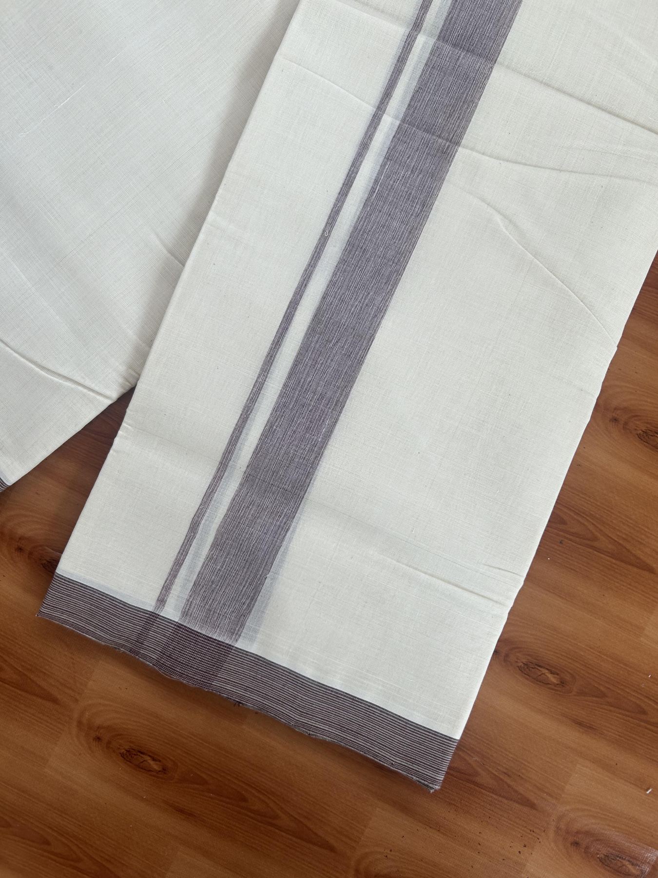 25% Discount! KaithariKada Handloom Millpaav - Kerala Handloom - Cotton Double Mundu/Dhoti Off white (Unbleached) - 80x90 - 1.25 inch Light Lavander & Black Shaded Stripes Kara 3.80 meter (8 Muzham) - 33 KK5383 RAM
