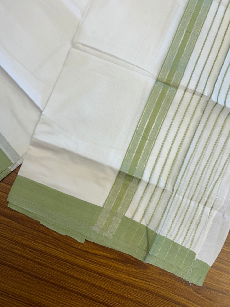 20% Discount ! KaithariKada Balaramapuram 100% Cotton Double Pure White Mundu/Dhoti - 100X80 - 6.5 inch Silver Kasav & Light Green Stripes kara 3.90 mtr (8 muzham) - 13 KK5305 PMC