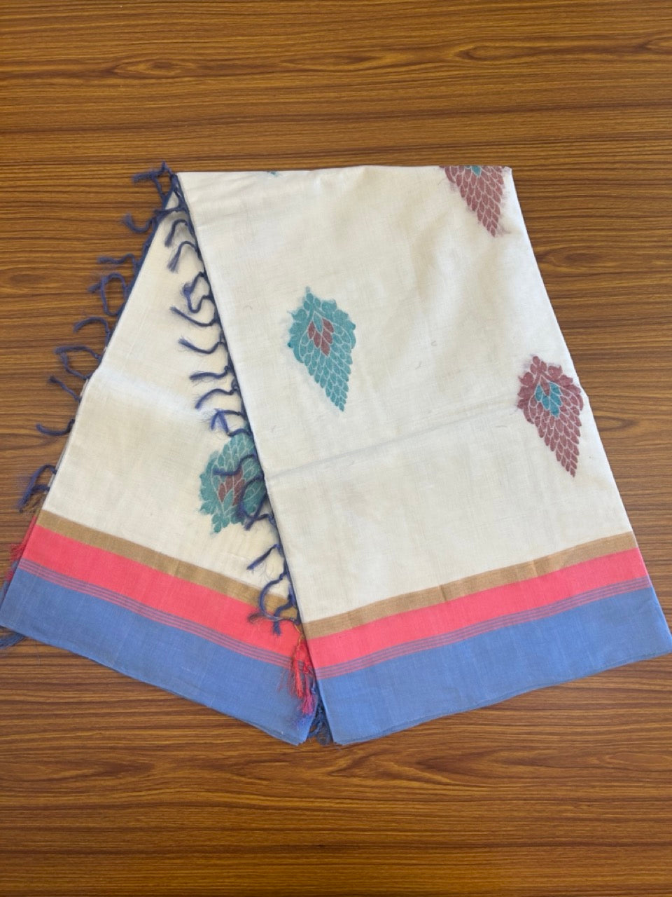 KaithariKada- HANDLOOM UNAKKUPAAV Balaramapuram Saree - 100% PURE Cotton - Dark Peach & Blue Design - 3KK1006KK
