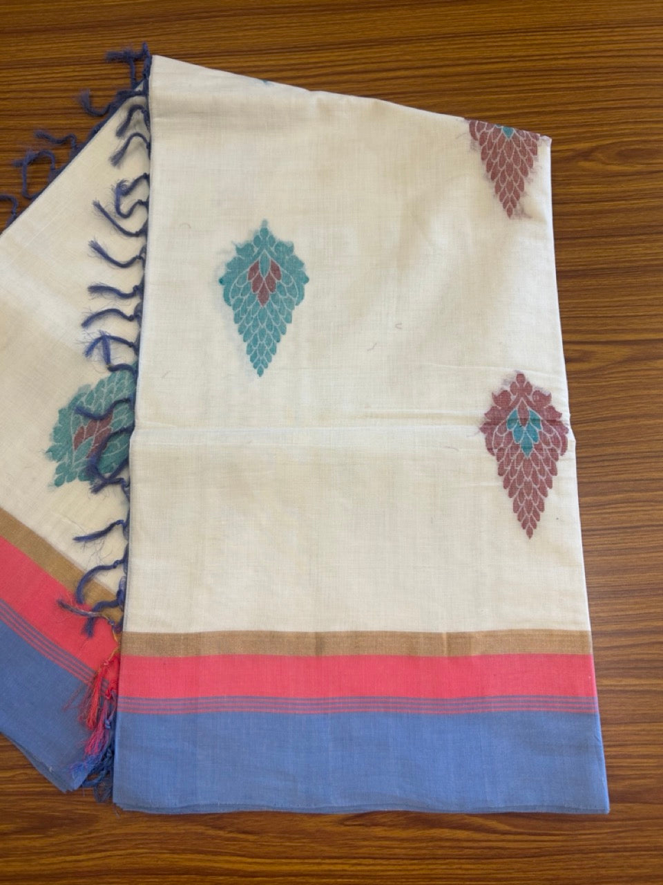 KaithariKada- HANDLOOM UNAKKUPAAV Balaramapuram Saree - 100% PURE Cotton - Dark Peach & Blue Design - 3KK1006KK