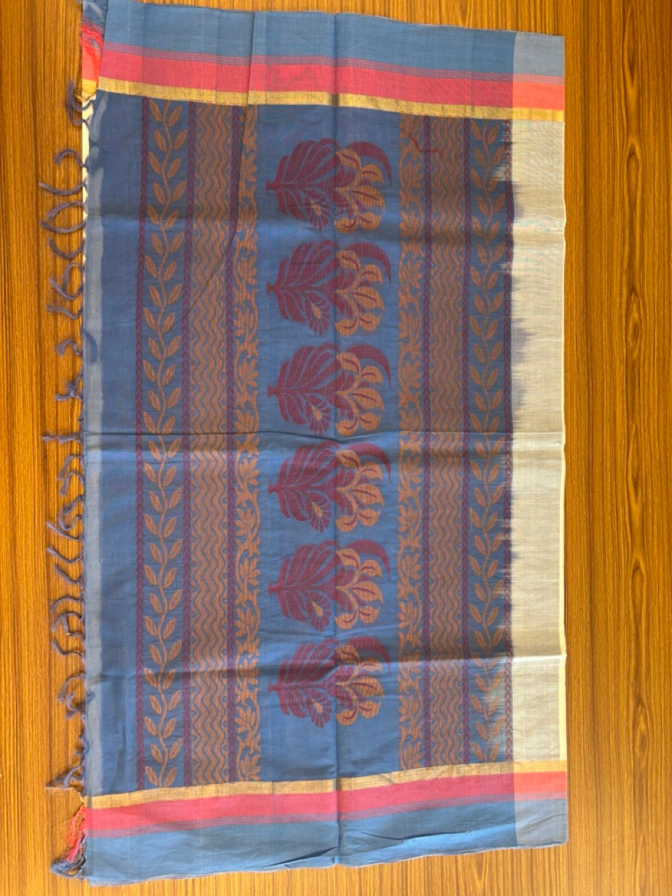 KaithariKada- HANDLOOM UNAKKUPAAV Balaramapuram Saree - 100% PURE Cotton - Dark Peach & Blue Design - 3KK1006KK