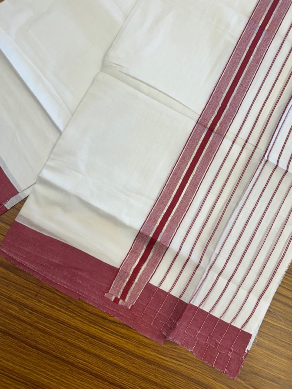 20% Discount ! KaithariKada Balaramapuram 100% Cotton Double Pure White Mundu/Dhoti - 100X80 - 6.5 inch Silver Kasav & Reddish Maroon Stripes kara 3.90 mtr (8 muzham) - 18 KK5305 PMC