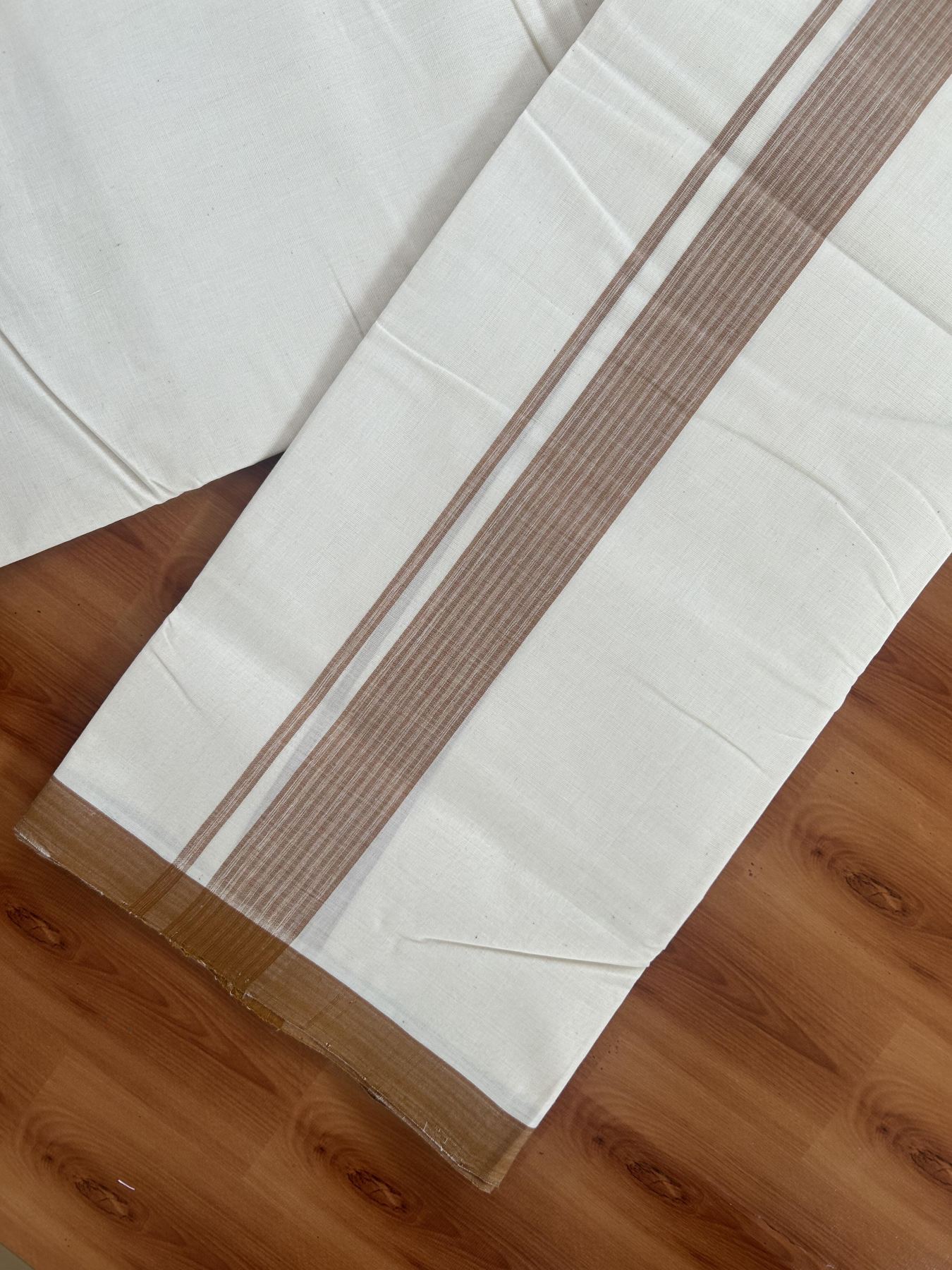 25% Discount! KaithariKada Handloom Millpaav - Kerala Handloom - Cotton Double Mundu/Dhoti Off white (Unbleached) - 80x90 - 1.25 inch Brown Shaded Stripes Kara 3.80 meter (8 Muzham) - 35 KK5383 RAM