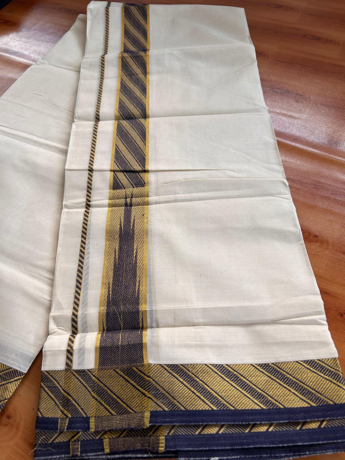 Double Off White (Unbleached) Mund/Dhoti - 20% Discount! KaithariKada 100% Cotton - 100x80- 1.75 inch Navy Blue Gold Kasav Jacquard Design Chutty Kara 4 mtr (8.5 Muzham) - 10 KK5520 PMC