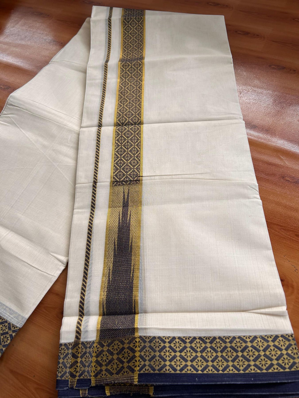 Double Off White (Unbleached) Mund/Dhoti - 20% Discount! KaithariKada 100% Cotton - 100x80- 1.75 inch Navy Blue Gold Kasav Jacquard Design Chutty Kara 4 mtr (8.5 Muzham) - 12 KK5520 PMC