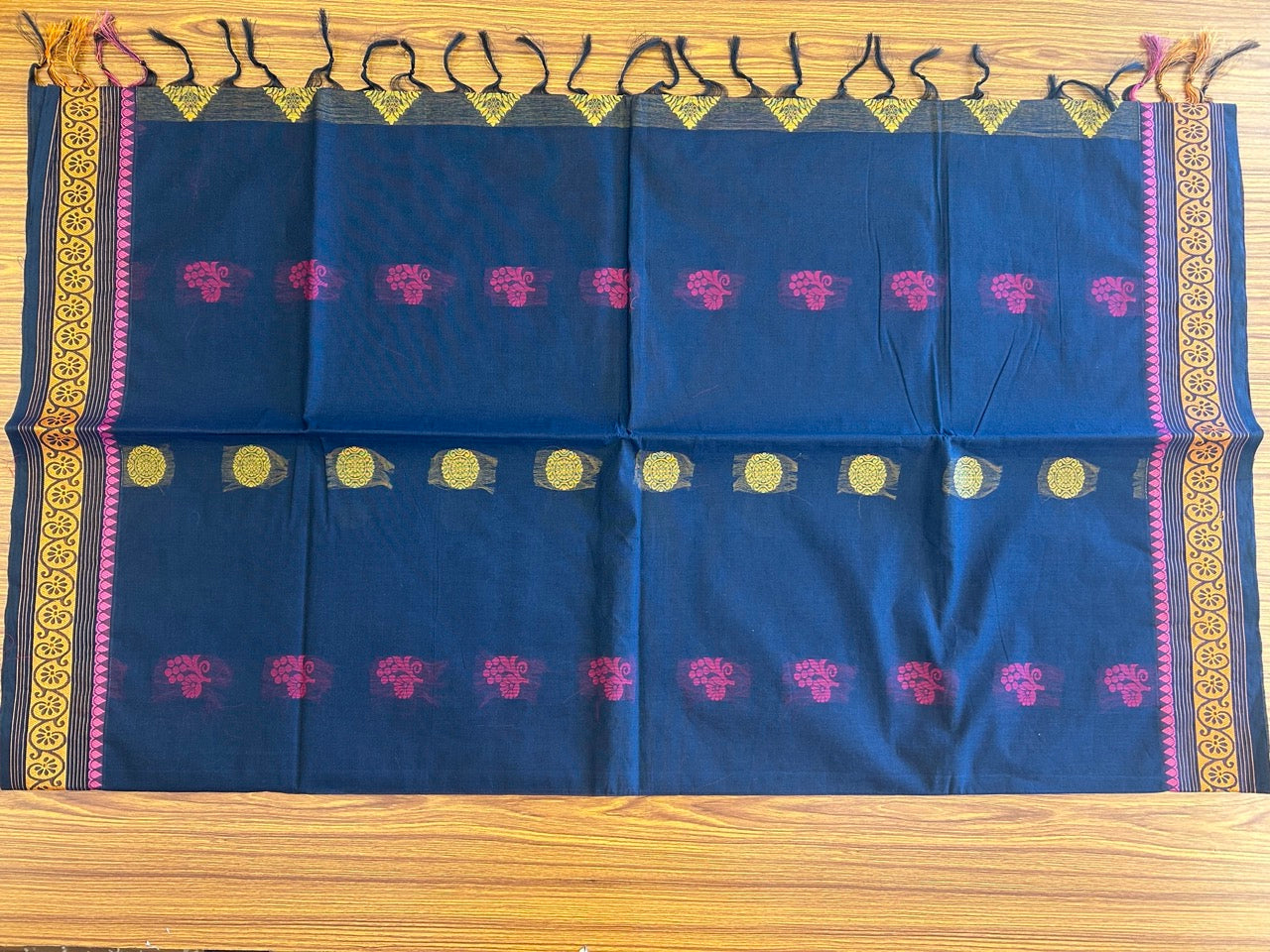 KaithariKada - Balaramapuram Cotton Saree - Black with Orange & Magenta - Flower Design - 5KK1006KK