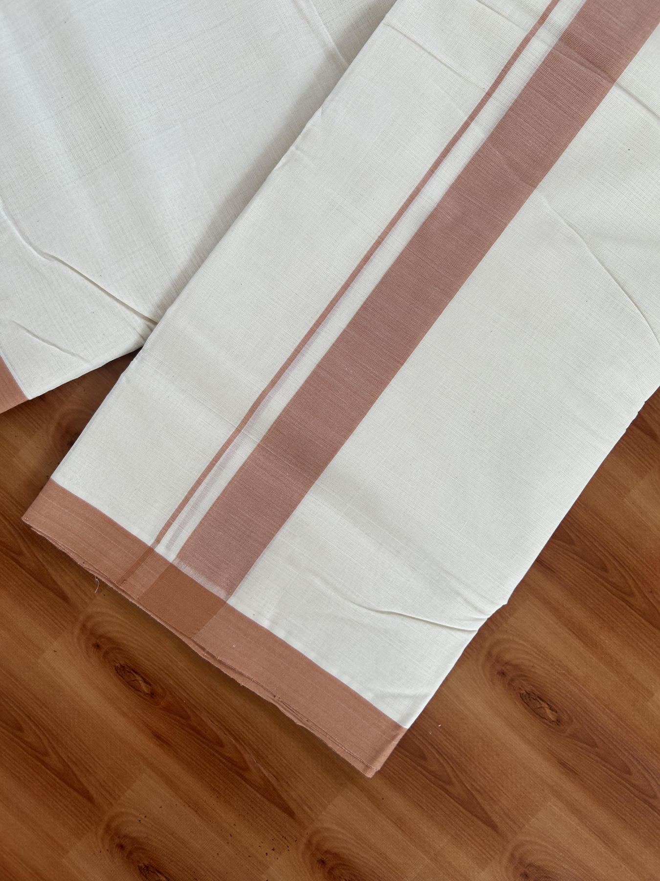 25% Discount! KaithariKada Handloom Millpaav - Kerala Handloom - Cotton Double Mundu/Dhoti Off white (Unbleached) - 80x90 - 1.25 inch Light Orange Brown Mulloth Kara 3.60 meter (8 Muzham) - 21 KK5383 RAM