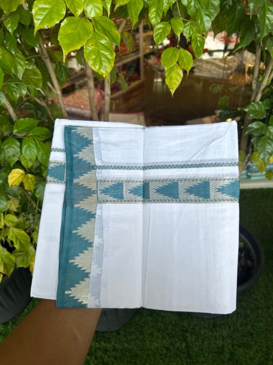 24% Discount ! KaithariKada Balaramapuram 100% Cotton Double Pure White Mundu/Dhoti - 100X80 - 1.25 inch Silver Kasav & Peacock Blue Jacquard Design kara 3.90 mtr (8 Muzham) - 6 KK5305 PMC