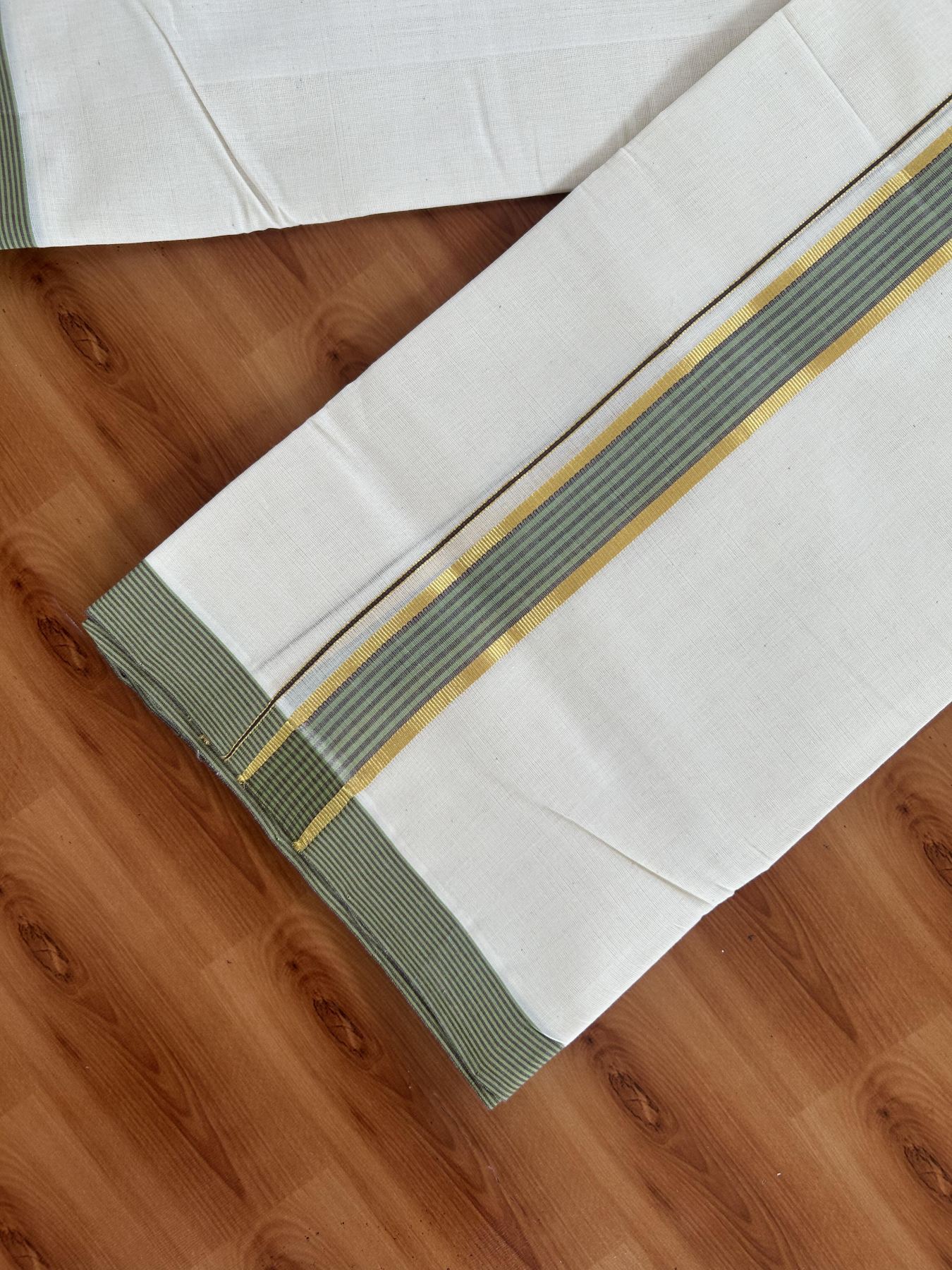 25% Discount! KaithariKada Handloom Millpaav - Kerala Handloom Cotton Double Mundu/Dhoti Off white (Unbleached) - 80x90 - 1.5 inch Gold Kasav Green & Brown shaded Stripes Kara 3.60 meter (8 Muzham) - 1 KK5383 RAM