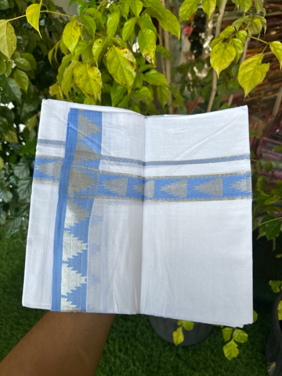 24% Discount ! KaithariKada Balaramapuram 100% Cotton Double Pure White Mundu/Dhoti - 100X80 - 1.25 inch Silver Kasav & Sky Blue Jacquard Design kara 3.90 mtr (8 Muzham) - 5 KK5305 PMC