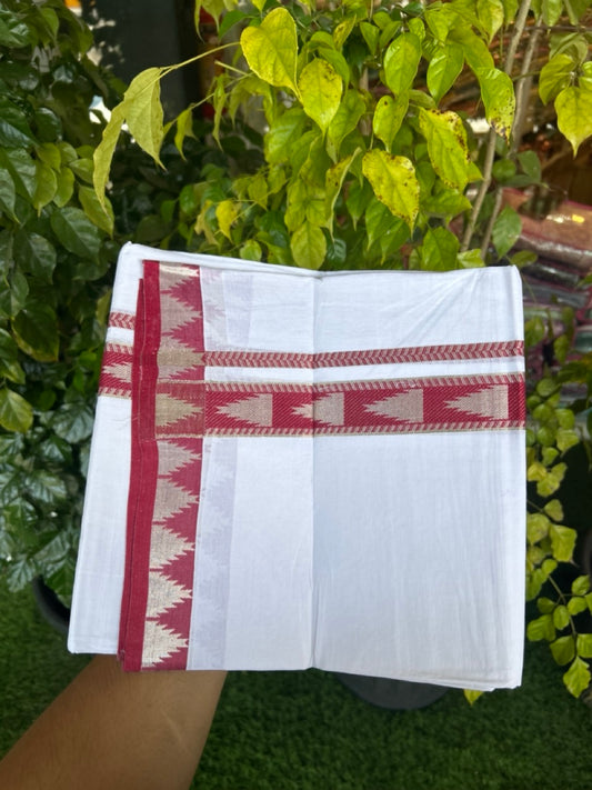24% Discount ! KaithariKada Balaramapuram 100% Cotton Double Pure White Mundu/Dhoti - 100X80 - 1.25 inch Silver Kasav & Reddish Maroon Jacquard Design kara 3.90 mtr (8 Muzham) - 4 KK5305 PMC