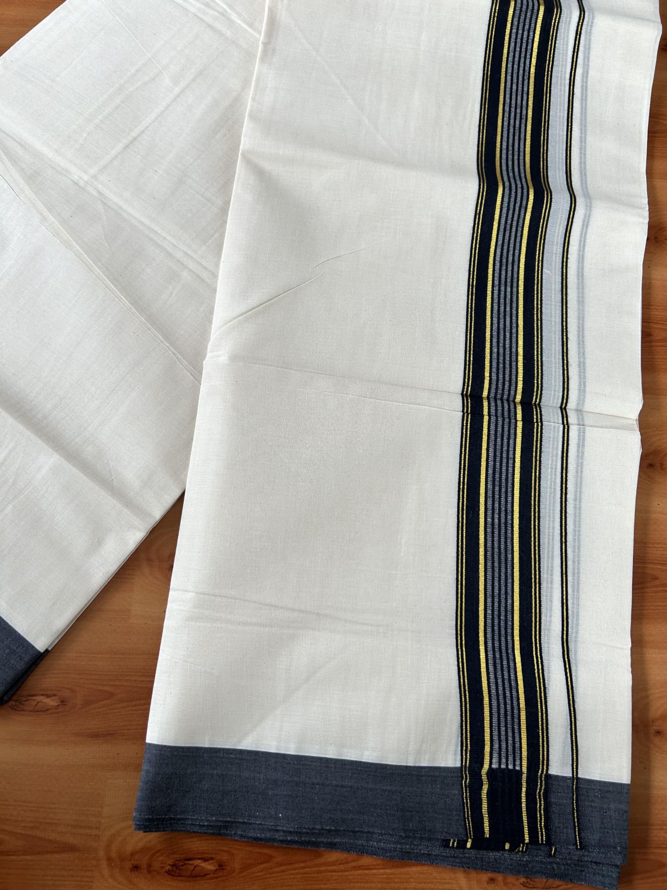 Double Off White (Unbleached) Mundu/Dothi- 20% Discount! Kaitharikada 100% Pure Cotton - 100x80 - 1.5 inch Gold Kasav & Black Shaded Striped Kara 4 mtr (8.5 muzham) - 64 KK5452 THI