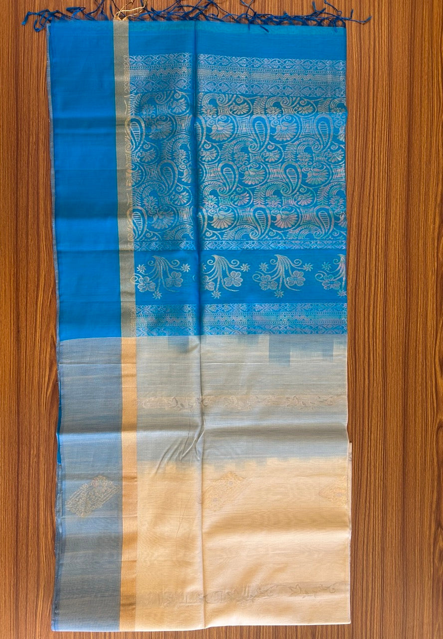 KaithariKada- Balaramapuram Saree - 100% PURE Cotton Silk - Azure Blue & Cream Design - 1KK1006KK