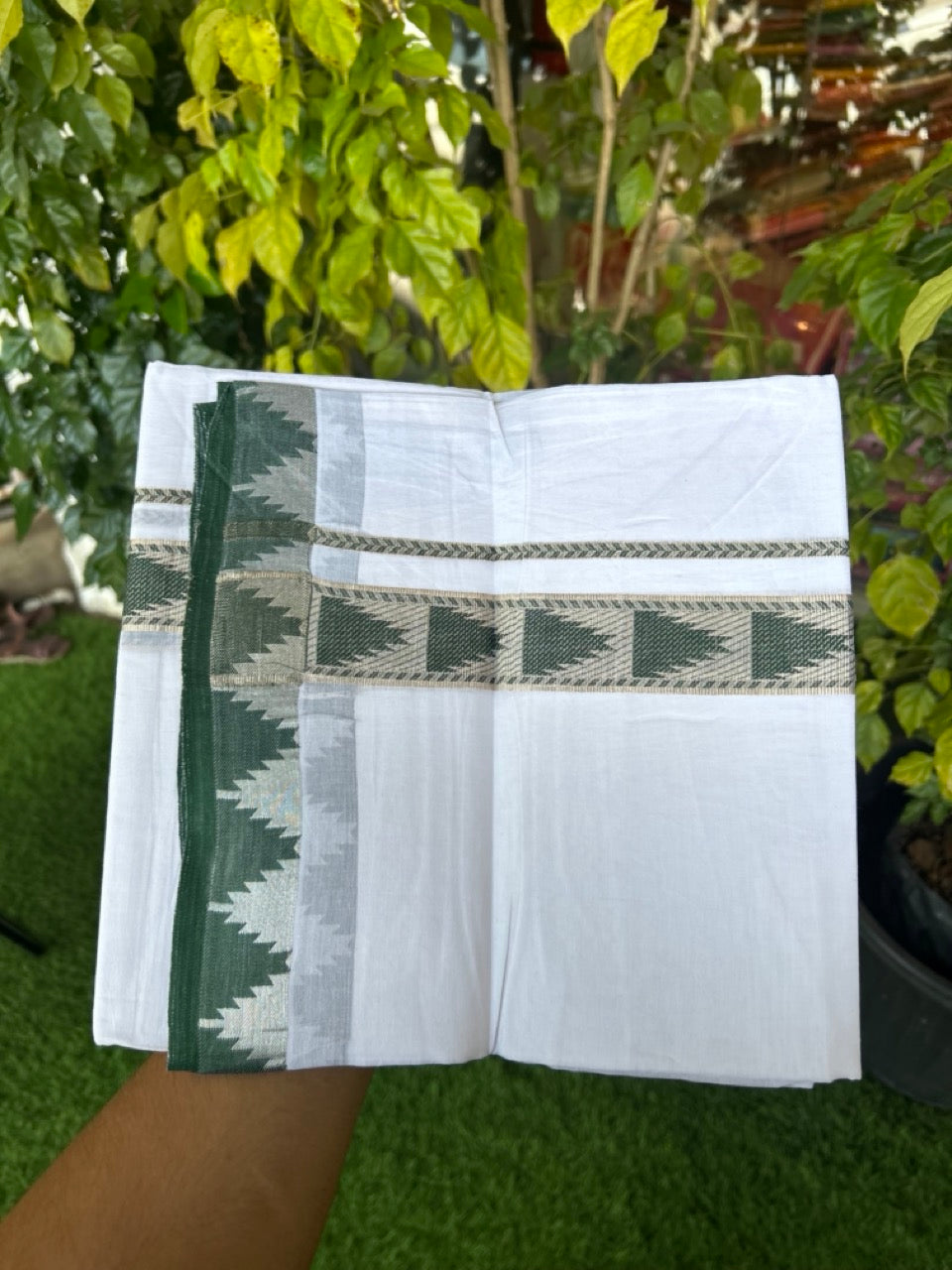 24% Discount ! KaithariKada Balaramapuram 100% Cotton Double Pure White Mundu/Dhoti - 100X80 - 1.25 inch Silver Kasav & Green Jacquard Design kara 3.90 mtr (8 Muzham) - 7 KK5305 PMC