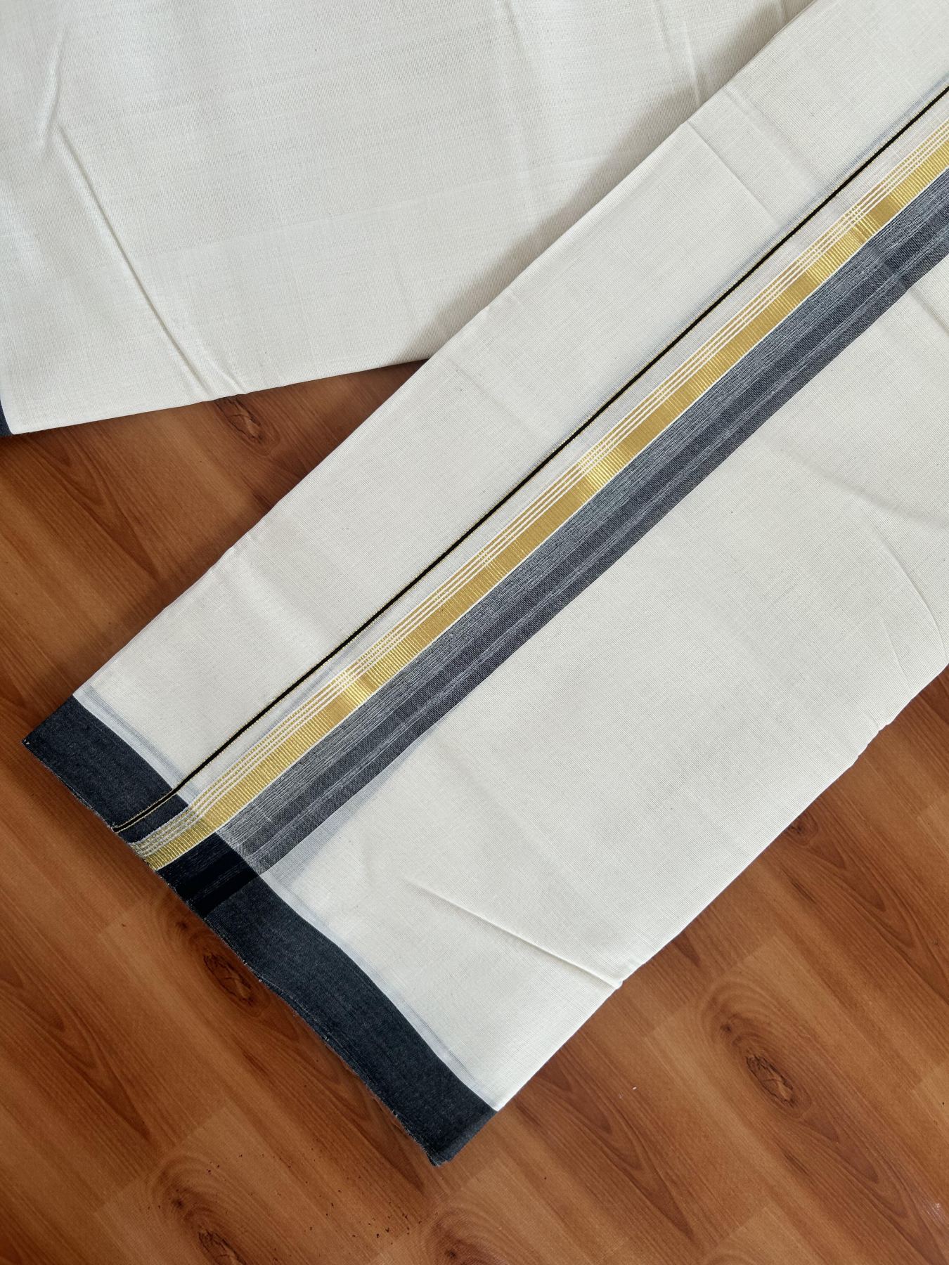 25% Discount! KaithariKada Handloom Millpaav - Kerala Handloom Cotton Double Mundu/Dhoti Off white (Unbleached) - 80x90 - 1.75 inch Gold Kasav & Black shaded Stripes Kara 3.60 meter (8 Muzham) - 5 KK5383 RAM
