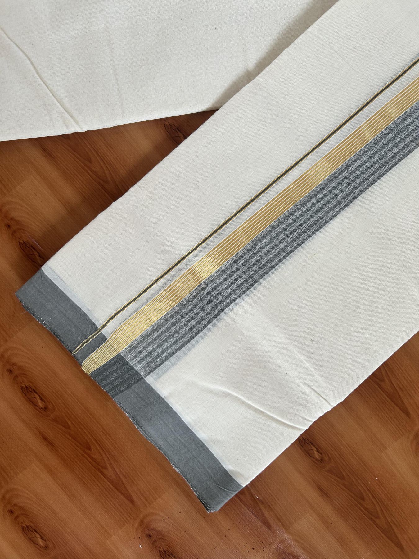 25% Discount! KaithariKada Handloom Millpaav - Kerala Handloom Cotton Double Mundu/Dhoti Off white (Unbleached) - 80x90 - 1.75 inch Gold Kasav & Grey shaded Stripes Kara 3.60 meter (8 Muzham) - 2 KK5383 RAM