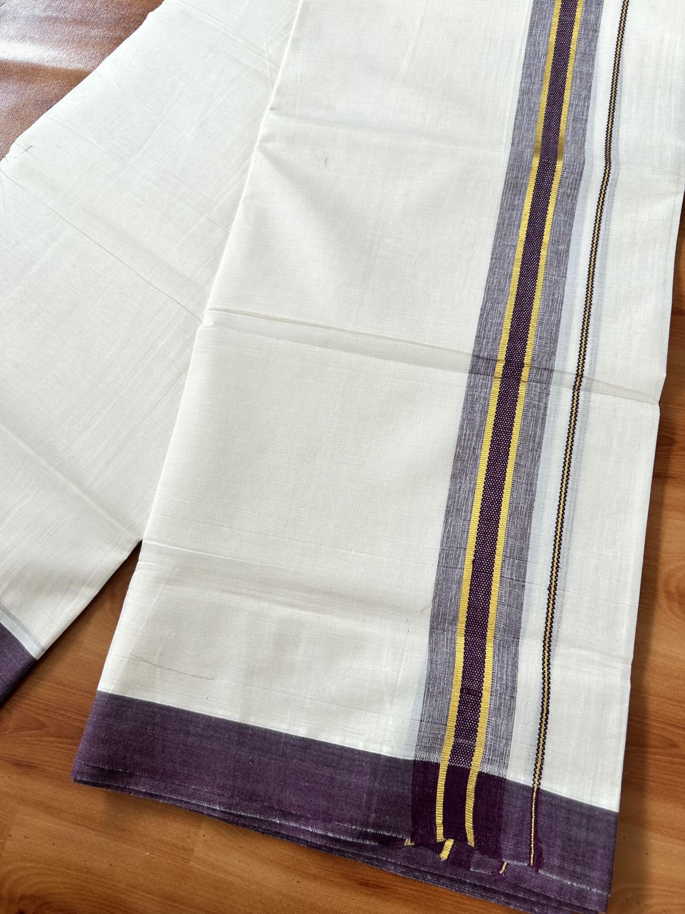 Double Off White (Unbleached) Mundu/Dothi- 20% Discount! Kaitharikada 100% Pure Cotton - 100x80 - 1.5 inch Gold Kasav & Purple Shaded Design Kara 4 mtr (8.5 muzham) - 66 KK5452 THI