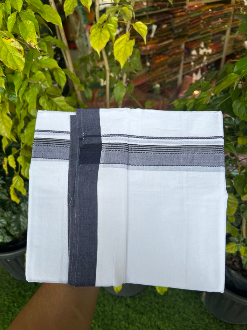 14% Discount ! Kaitharikada Balaramapuram 100% Cotton Pure White Double Mundu/Dothi - 72x72 - 1.25 inch Navy Blue & Black Striped Kara 3.65 mtr (8 muzham) - 13 KK5306 SKM