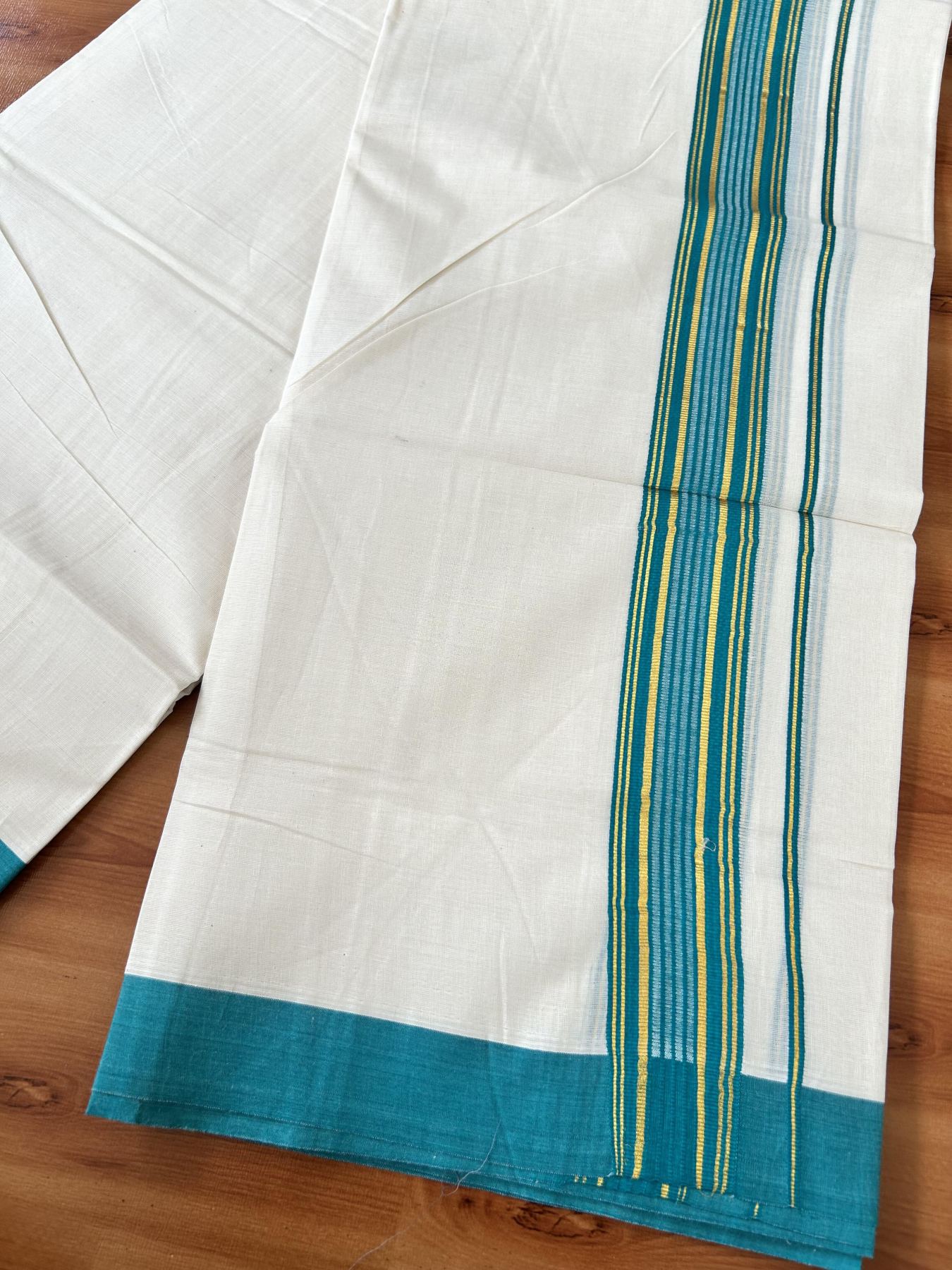 Double Off White (Unbleached) Mundu/Dothi- 20% Discount! Kaitharikada 100% Pure Cotton - 100x80 - 1.5 inch Gold Kasav & Greenish Blue Shaded Striped Kara 4 mtr (8.5 muzham) - 62 KK5452 THI