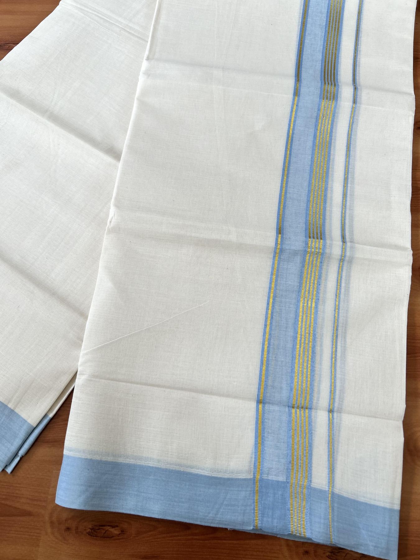 Double Off White (Unbleached) Mundu/Dothi- 20% Discount! Kaitharikada 100% Pure Cotton - 100x80 - 1.5 inch Gold Kasav Stripes & Light Blue Shaded Kara 4 mtr (8.5 muzham) - 58 KK5452 THI