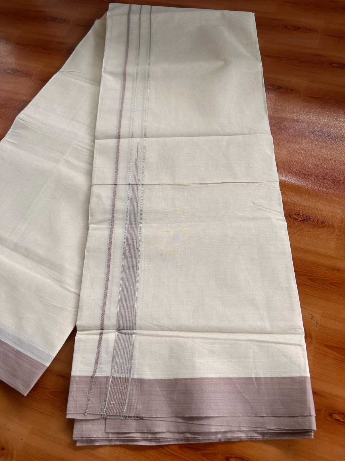 Double Off White (Unbleached) Mundu/Dhoti - 20% Discount! KaithariKada 100% Cotton - 80X90 - 0.75 inch Rose Beige Silver kasav Striped Chutty Kara 4 mtr (8.5 Muzham) - 21 KK5520 PMC