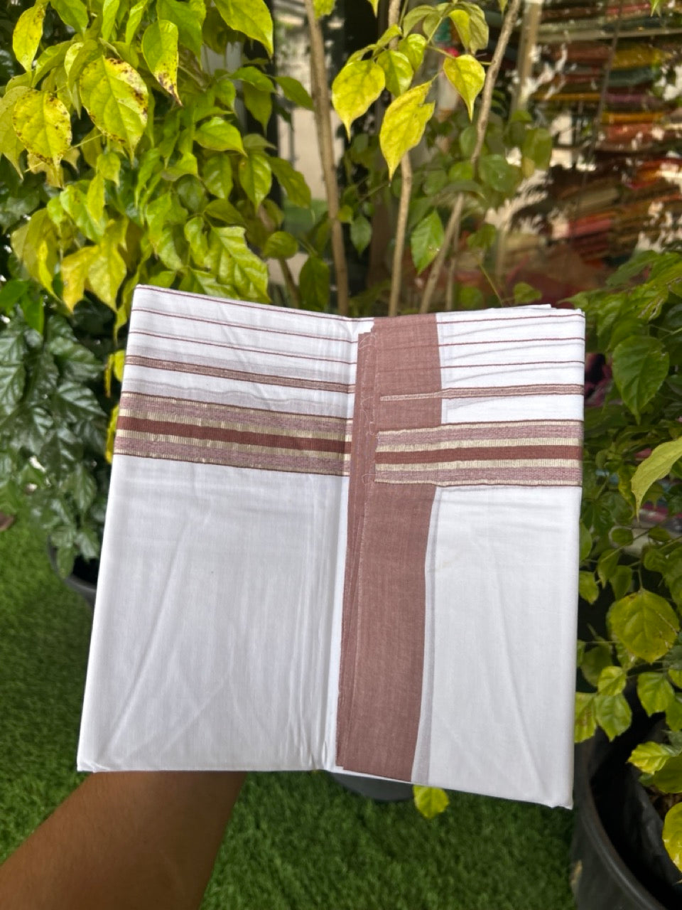 20% Discount ! KaithariKada Balaramapuram 100% Cotton Double Pure White Mundu/Dhoti - 100X80 - 6.5 inch Silver Kasav & Navy Blue Stripes kara 3.90 mtr (8 muzham) - 5 KK5306 PMC