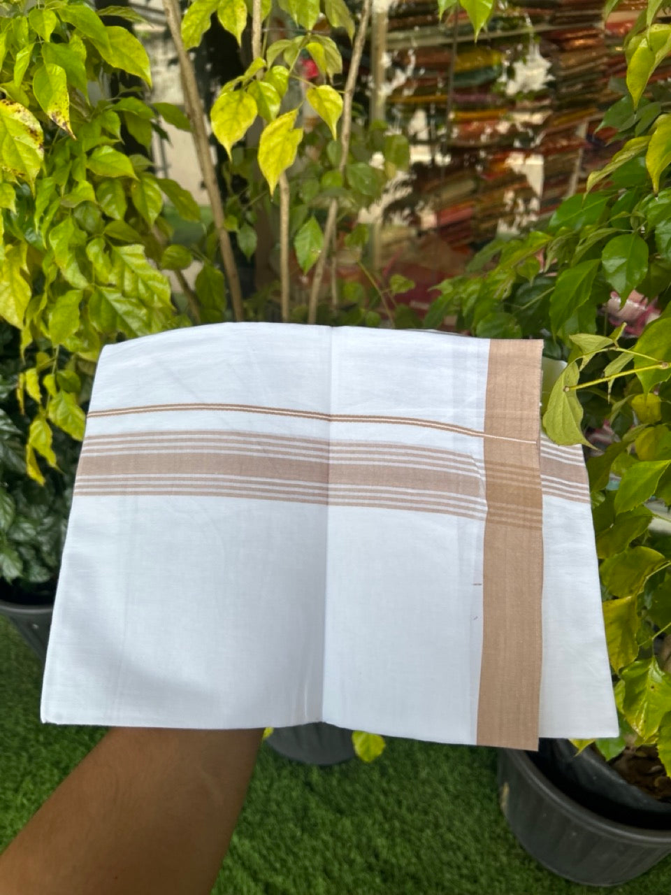 22% Discount ! Kaitharikada Balaramapuram 100% Cotton Pure White Double Mundu/Dothi - 60s - 1.5 inch Sand Brown Shaded Striped Kara 3.80 mtr (8 muzham) - 11 KK5306 THI