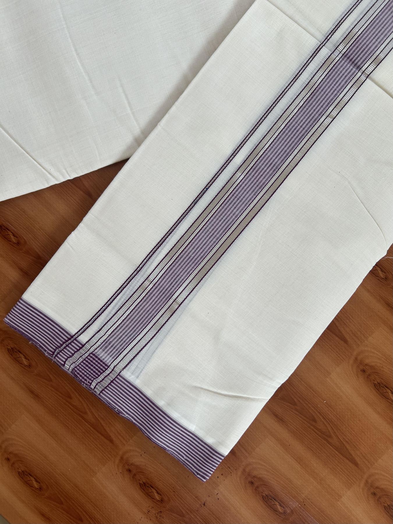 25% Discount! KaithariKada Handloom Millpaav - Kerala Handloom Cotton Double Mundu/Dhoti Off white (Unbleached) - 80x90 - 1.5 inch Silver Kasav lavender pink & Purple Shaded Stripes Kara 3.60 meter (8 Muzham) - 12 KK5383 RAM