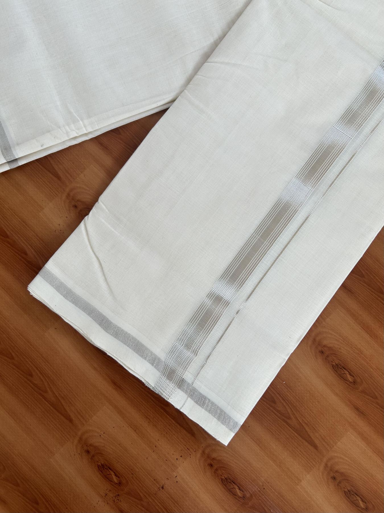 25% Discount ! KaithariKada Handloom Millpaav - Kerala Handloom - 100% Pure Cotton Off White (Unbleached) Double Mundu/Dhoti - 80x90 - 0.75 inch Silver Kasav striped Kara 3.60 mtr (8 Muzham) - 13 KK5383 RAM